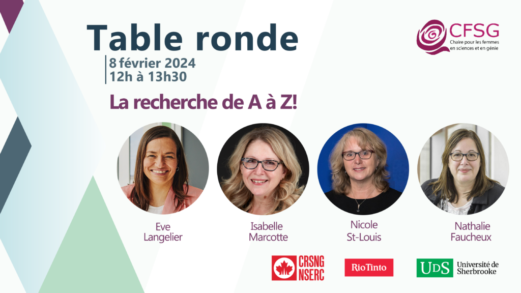 Table ronde « La recherche de A à Z! » le 8 février de 12 h à 13 h 30. Avec Eve Langelier, Isabelle Marcotte, Nicol St-Louis et Nathalie Faucheux.
