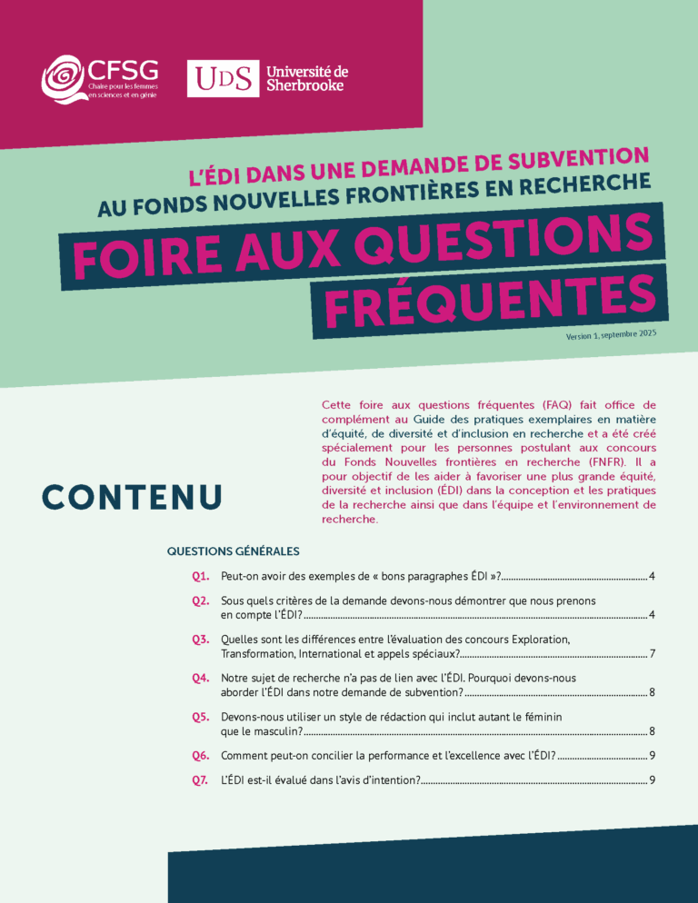 Page couverture de la Foire aux questions fréquentes sur l'ÉDI dans les demandes de subventions au Fonds Nouvelles Frontières en recherche